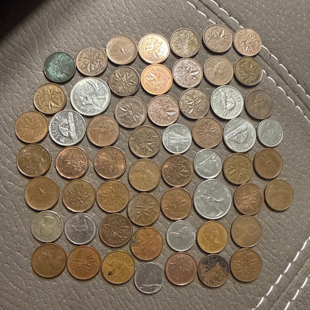 Large Lot of 50+ Canadian Coins Pennies Nickels Dimes Quarters Mixed Dates
